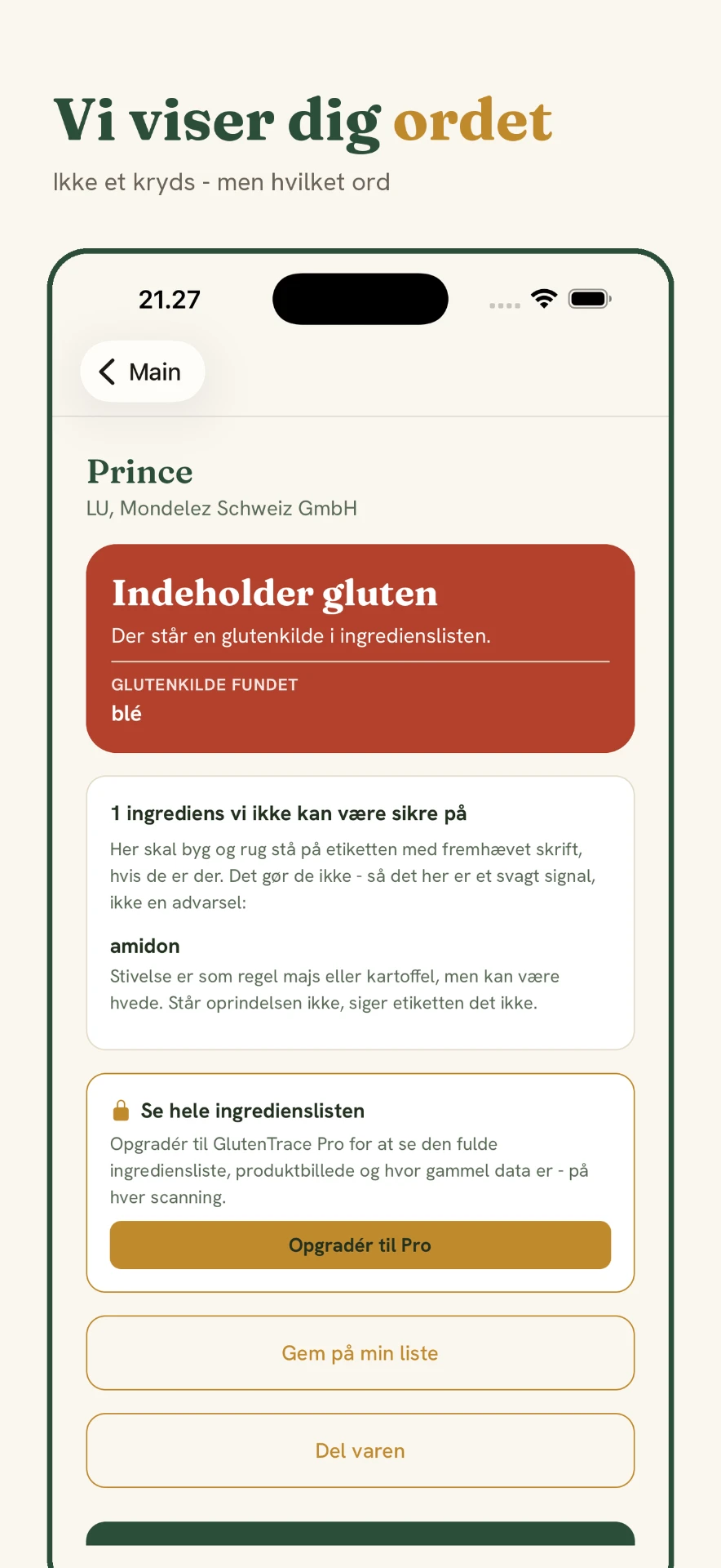 GlutenTrace: viser hvilket ord i ingredienslisten er glutenkilden
